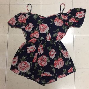 Floral Navy Blue Romper with Off Shoulder Sleeve